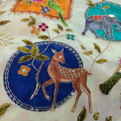 Tarkashi Off White Base Crepe with Multicolor Animal & Floral Embroidered Motifs