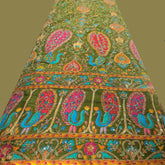 Tarkashi Moss Green Crepe Fabric Embroidered with Floral & Peacock Border