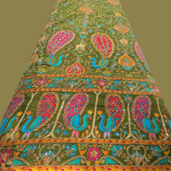 Tarkashi Moss Green Crepe Fabric Embroidered with Floral & Peacock Border