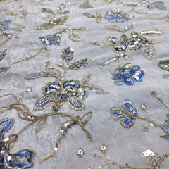 Mehraab Ice Blue Color on Crepe with Embroidered Multicolor Floral & Butterfly Motifs