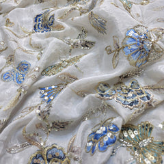 Mehraab Ice Blue Color on Crepe with Embroidered Multicolor Floral & Butterfly Motifs
