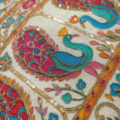 Tarkashi White Crepe Fabric Embroidered with Floral & Peacock Border