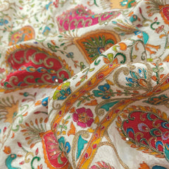Tarkashi White Crepe Fabric Embroidered with Floral & Peacock Border