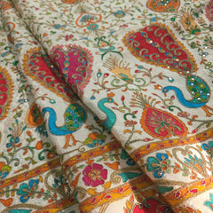 Tarkashi White Crepe Fabric Embroidered with Floral & Peacock Border