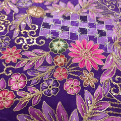 Embroidered Zari & Sequins Work Crepe with Floral & Geometric Position Print - Purple Color