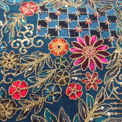 Embroidered Zari & Sequins Work Crepe with Floral & Geometric Position Print - Cobalt Blue