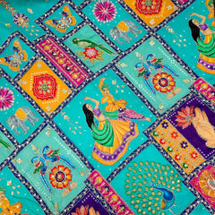 Navratri Dandiya Special Crepe Print with Embroidered Sequins - Turquoise Blue
