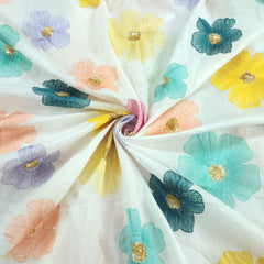 Rangeen Kaliyan Floral Multicolor Threadwork on White Cotton Base