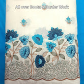 Barkha Embroidered Cotton Fabric on White Base with Blue Floral Threadwork