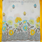 Barkha Embroidered Cotton Fabric on White Base with Yellow and Sky Blue Floral Threadwork