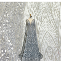 Ice Grey Embroidered Net Fabric with Sequins and Beads