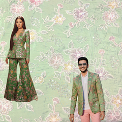 Pastel Green Crepe Base Fabric with Multicolor Floral Embroidery & Zari, Sequin work