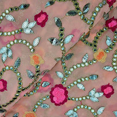 Zarqa Georgette Gota Patti Fabric on Pastel Orange Base