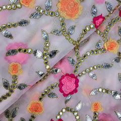 Zarqa Georgette Gota Patti Fabric on White Base