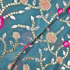 Zarqa Georgette Gota Patti Fabric on Teal Blue Base