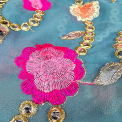 Zarqa Georgette Gota Patti Fabric on Teal Blue Base