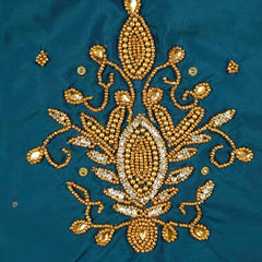 Ember Gold Zari Handwork Blouse Fabric on Teal Blue Base