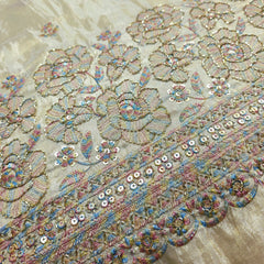 Zarisha Hand Embroidered Dyeable Shimmer Tissue Fabric with Multicolor Floral work on Border