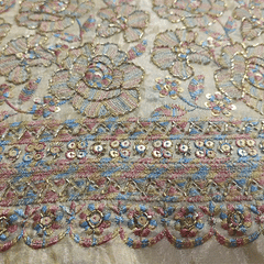 Zarisha Hand Embroidered Dyeable Shimmer Tissue Fabric with Multicolor Floral work on Border