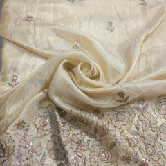 Zarisha Hand Embroidered Dyeable Shimmer Tissue Fabric with Multicolor Floral work on Border