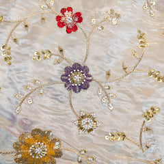 Zarisha Hand Embroidered Dyeable Shimmer Tissue Fabric with Multicolor Floral Motifs