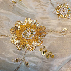 Zarisha Hand Embroidered Dyeable Shimmer Tissue Fabric with Multicolor Floral Motifs