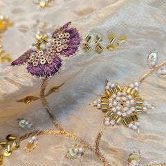 Zarisha Hand Embroidered Dyeable Shimmer Tissue Fabric with Multicolor Floral Motifs