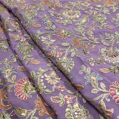 Nazira Embroidered Lilac Purple Georgette Fabric with Multicolor Floral Pattern