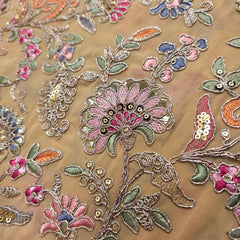 Nazira Embroidered Biege Georgette Fabric with Multicolor Floral Pattern