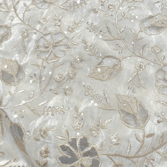 Embroidered Dyeable Shimmer Tissue Fabric with Floral & Leaf Net Patchwork