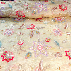Zar-sitara Hand Embroidered Dyeable Shimmer Tissue Fabric with Floral and Star Motifs