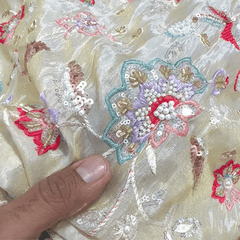 Zar-sitara Hand Embroidered Dyeable Shimmer Tissue Fabric with Floral and Star Motifs