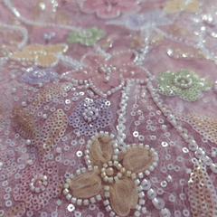 Embroidered Pastel Pink Organza with Floral Applique & Cutdana, Sequin Work