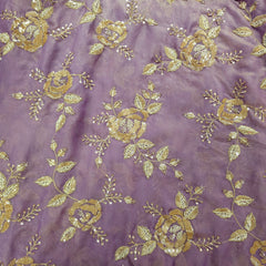 Mirha Hand Embroidered Mauve Organza Shimmer Tissue with Sequin Rose Embroidery