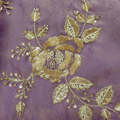 Mirha Hand Embroidered Mauve Organza Shimmer Tissue with Sequin Rose Embroidery