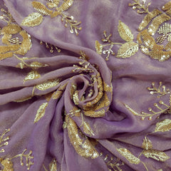 Mirha Hand Embroidered Mauve Organza Shimmer Tissue with Sequin Rose Embroidery