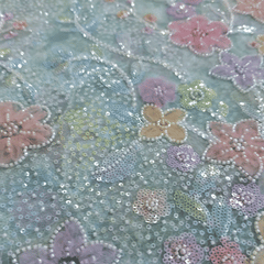 Embroidered Pale Blue Organza with Floral Applique & Cutdana, Sequin Work