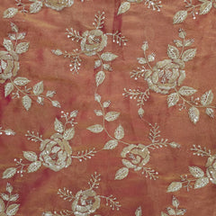 Mirha Hand Embroidered Rusty Peach Organza Shimmer Tissue with Sequin Rose Embroidery