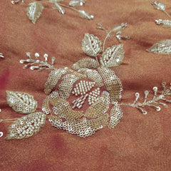 Mirha Hand Embroidered Rusty Peach Organza Shimmer Tissue with Sequin Rose Embroidery