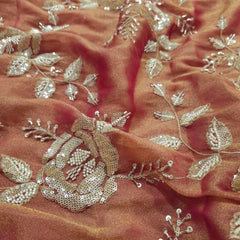 Mirha Hand Embroidered Rusty Peach Organza Shimmer Tissue with Sequin Rose Embroidery