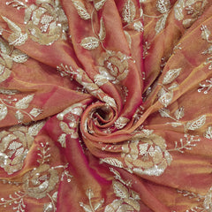 Mirha Hand Embroidered Rusty Peach Organza Shimmer Tissue with Sequin Rose Embroidery