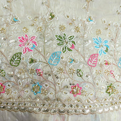Zahra Hand Embroidered Dyeable Organza Shimmer Tissue with Sequin Floral Embroidery Border