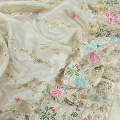Zahra Hand Embroidered Dyeable Organza Shimmer Tissue with Sequin Floral Embroidery Border