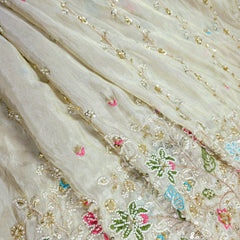 Zahra Hand Embroidered Dyeable Organza Shimmer Tissue with Sequin Floral Embroidery Border