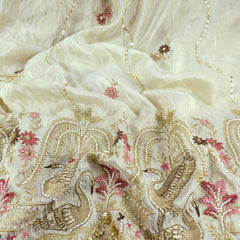 Hansika Hand Embroidered Dyeable Organza Shimmer Tissue with Bird & Floral Motif Embroidered Border