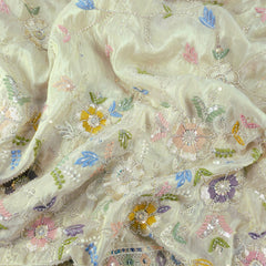 Zarina Hand Embroidered Dyeable Organza Shimmer Tissue with Floral Embroidered Border
