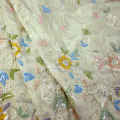 Zarina Hand Embroidered Dyeable Organza Shimmer Tissue with Floral Embroidered Border