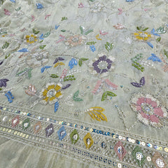 Zarina Hand Embroidered Dyeable Organza Shimmer Tissue with Floral Embroidered Border