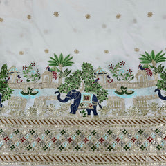 Hand Embroidered Dyeable Crepe Fabric with Elephant & Bird motif Embroidered on Border