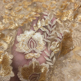 Embroidered Beige Net Fabric with Gold Sequin, and Resham Work